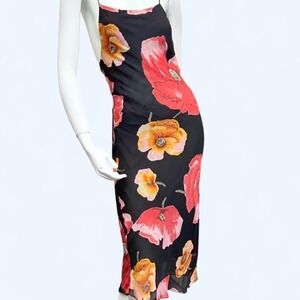 Rwear Floral Slip Dress Open Back Mesh Y2K Bias Cut Womens‎ 7 Black floral
